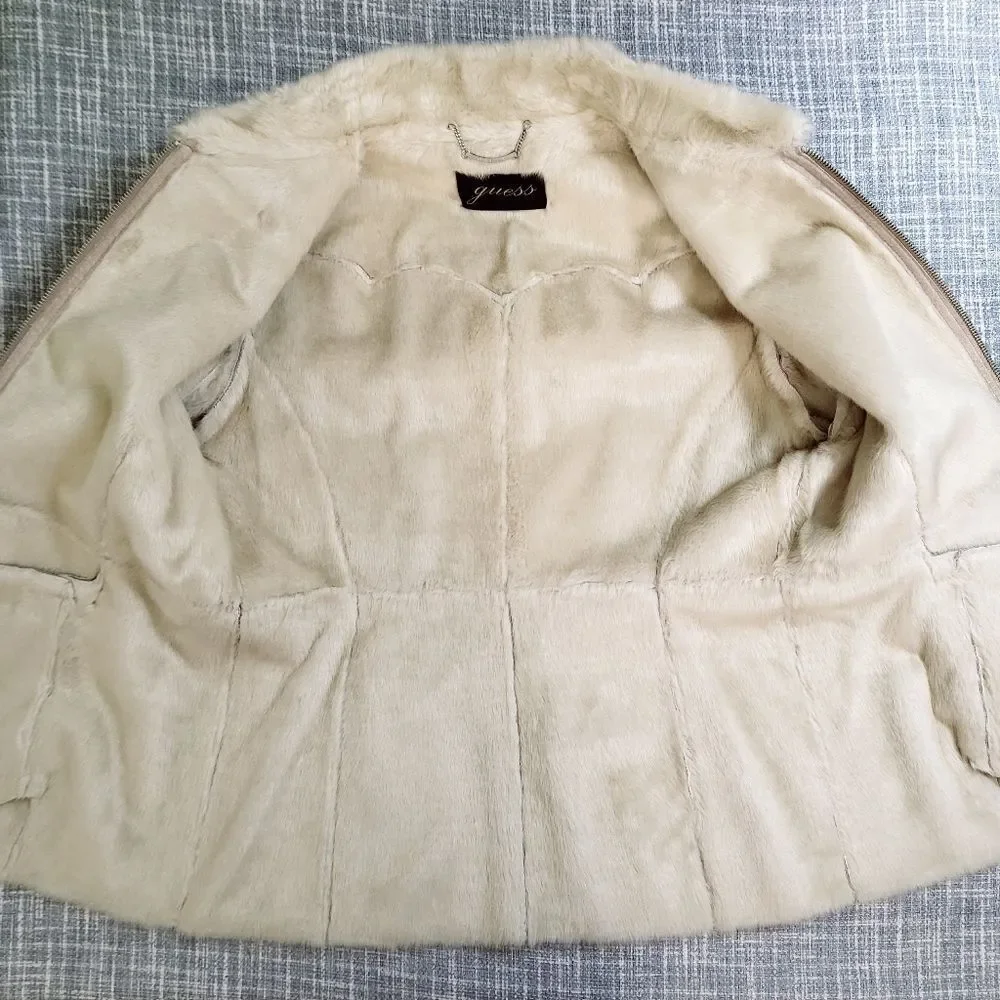 Y2K Guess Suede Leather Soft Faux Fur Lined Coat Light Tan Women's M